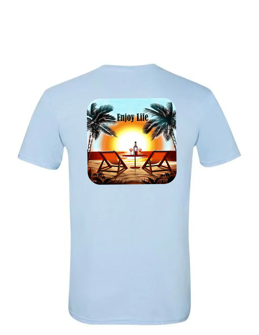 ENJOY LIFE T-SHIRT 100% PRESHRUNK COTTON- ENJOY LIFE BEACH SETTING.