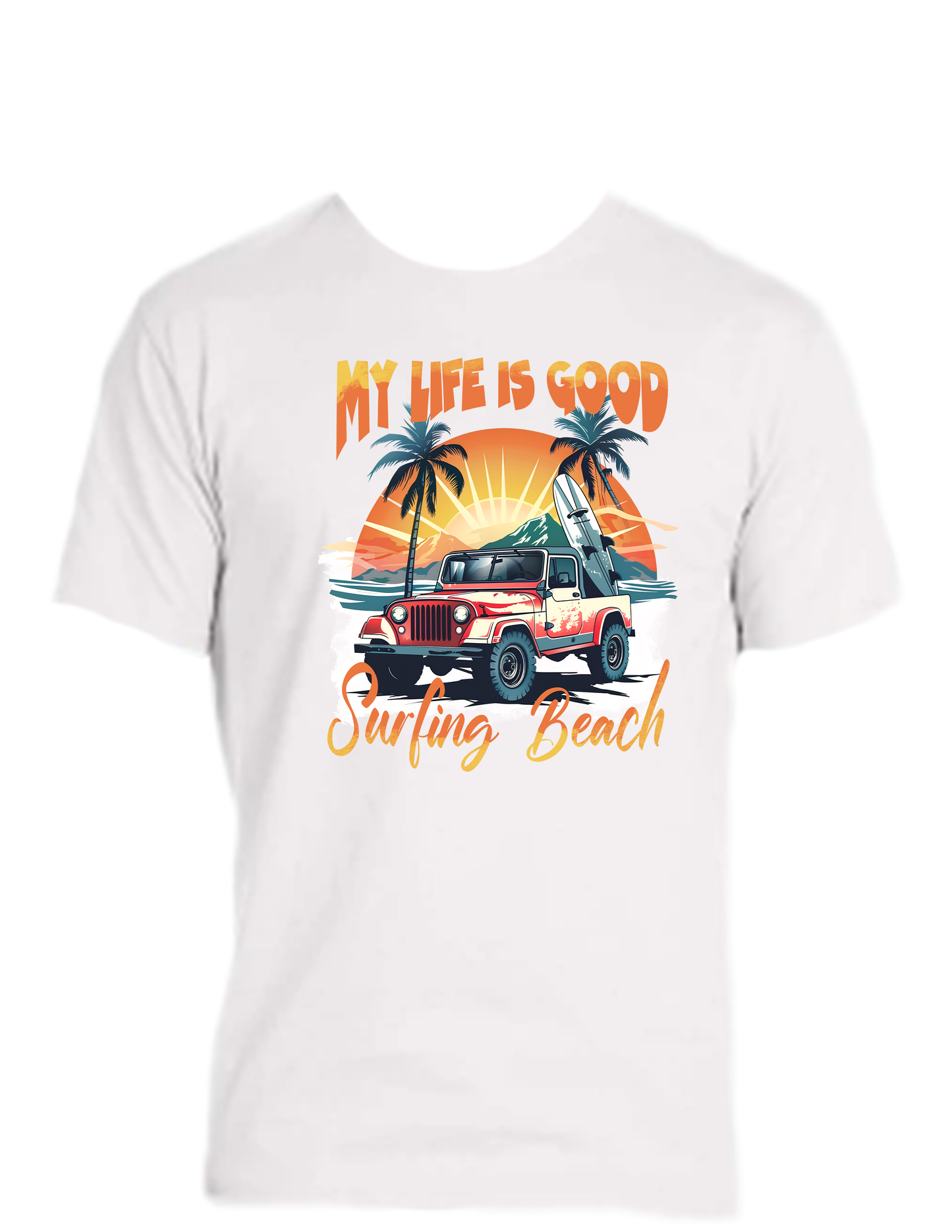 Short sleeve T-shirt UNISEX - 50% COTTON, 50% POLYESTER. MY LIFE IS GOOD. SURFING BEACH.