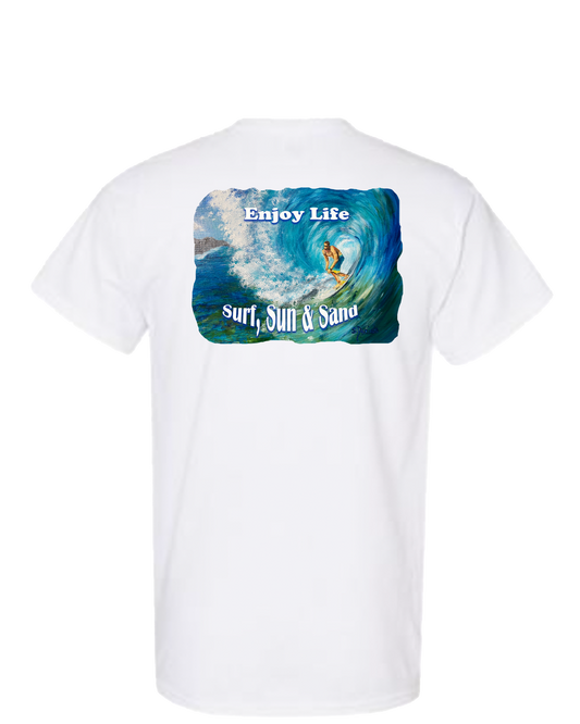 ENJOY LIFE T-SHIRT 100% PRESHRUNK COTTON- ENJOY LIFE. SURF, SUN AND SAND.