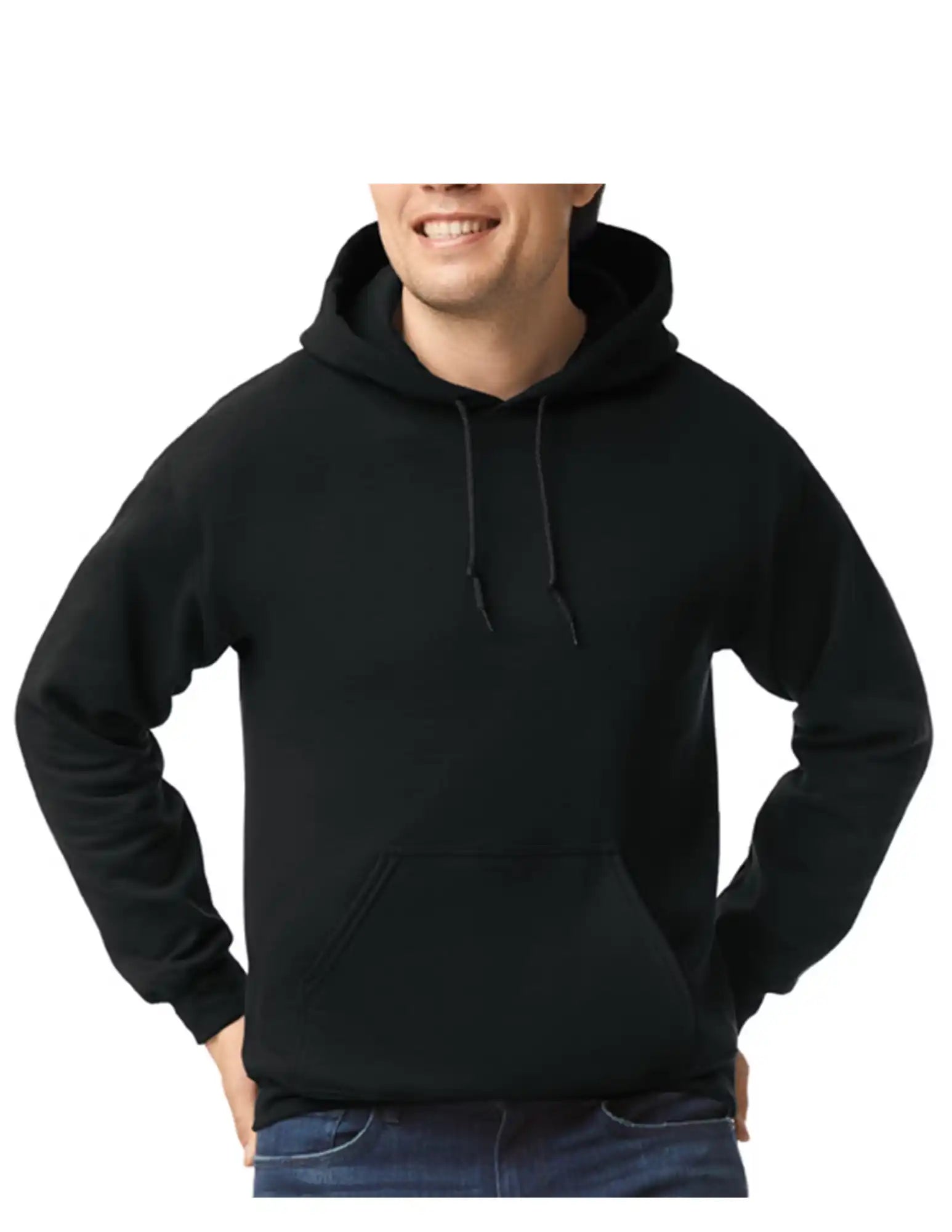 A black hooded sweatshirt with a front kangaroo pocket and drawstrings at the neck, worn by a person.
