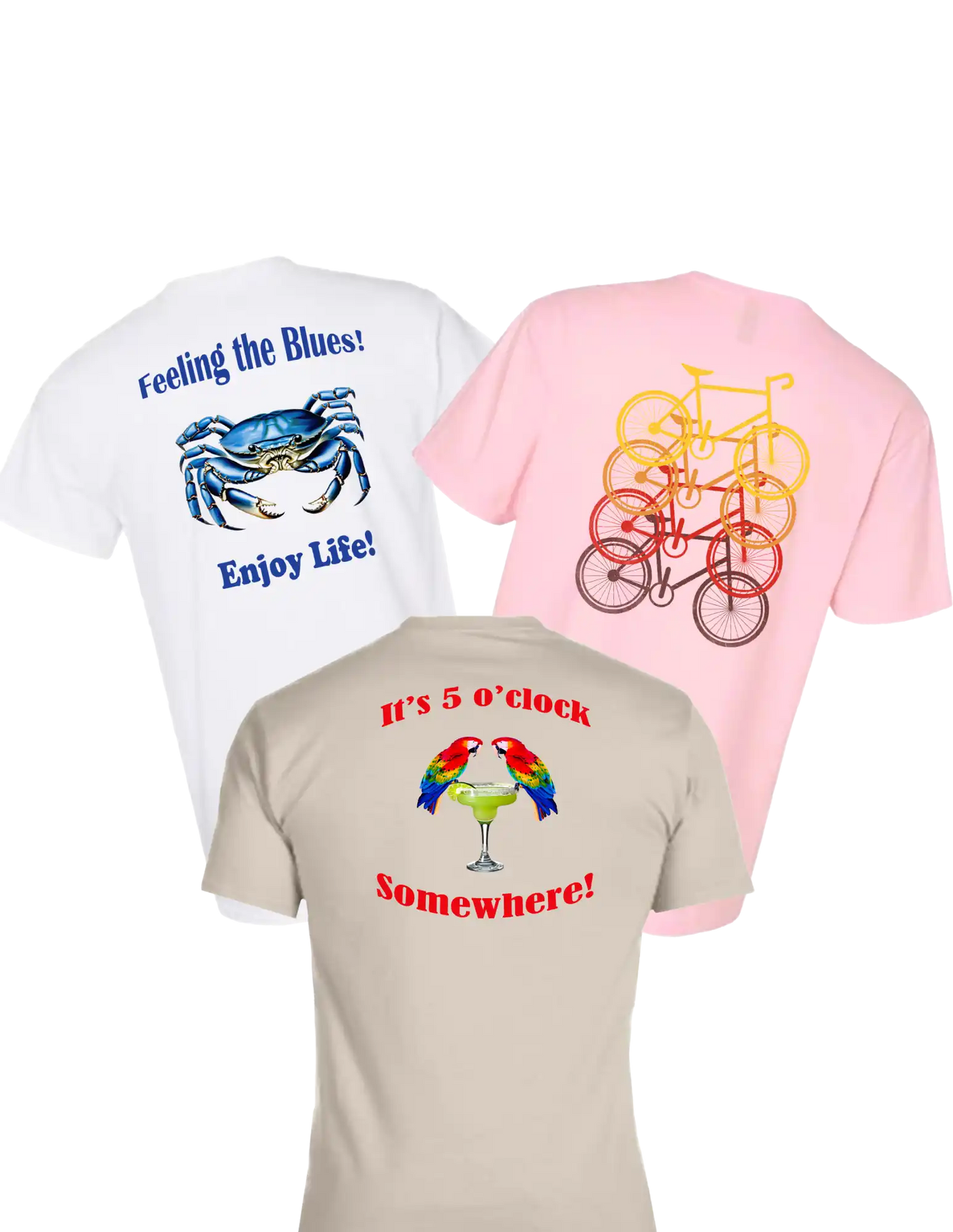 Three cotton t-shirts in white, pink, and tan colors, each with a unique graphic design on the back.