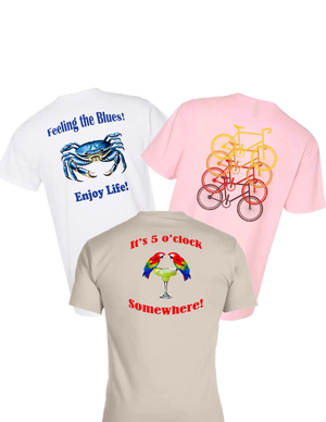 Three cotton t-shirts in white, pink, and tan colors, each with a unique graphic design on the back.