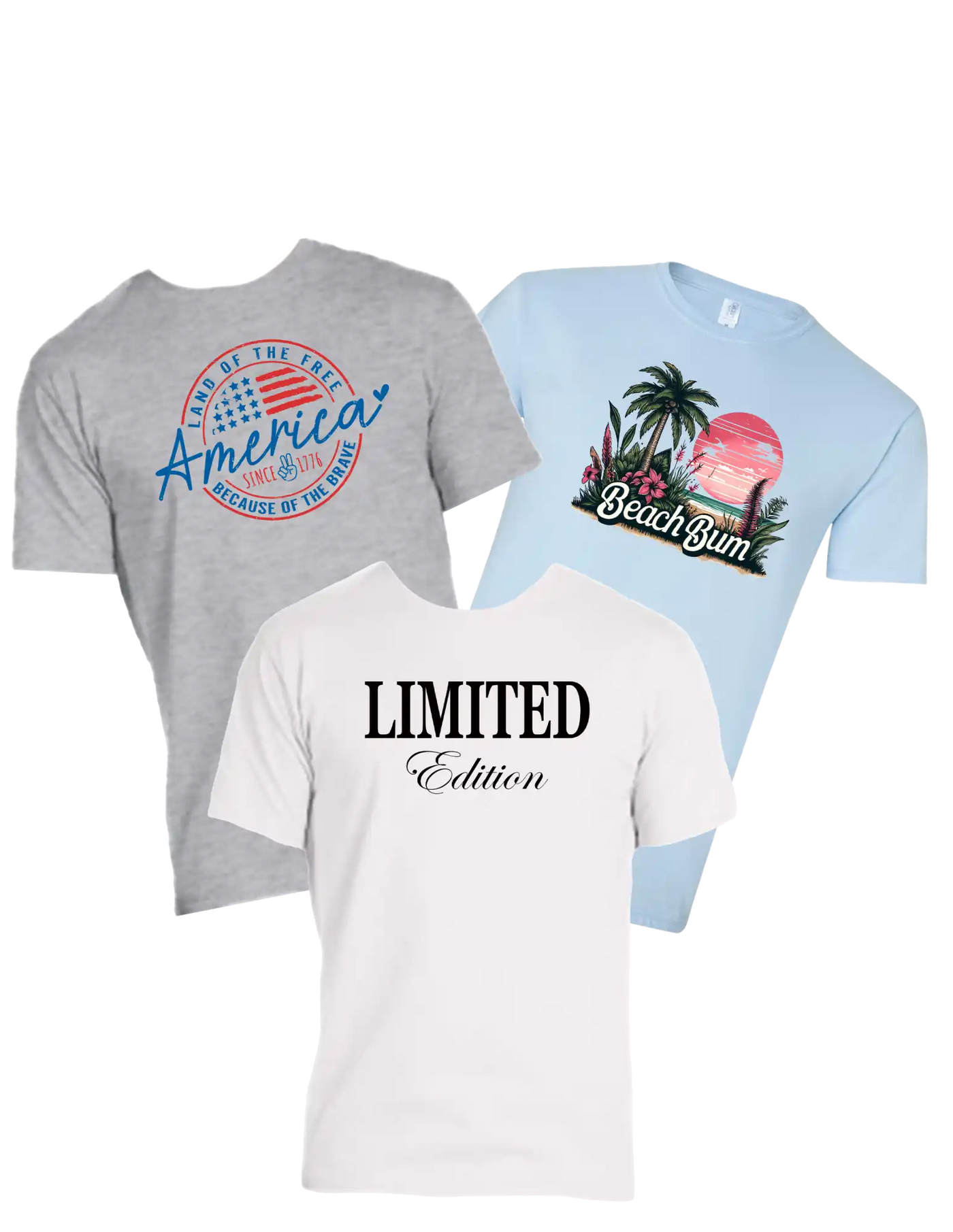 Three t-shirts in different colors and designs.